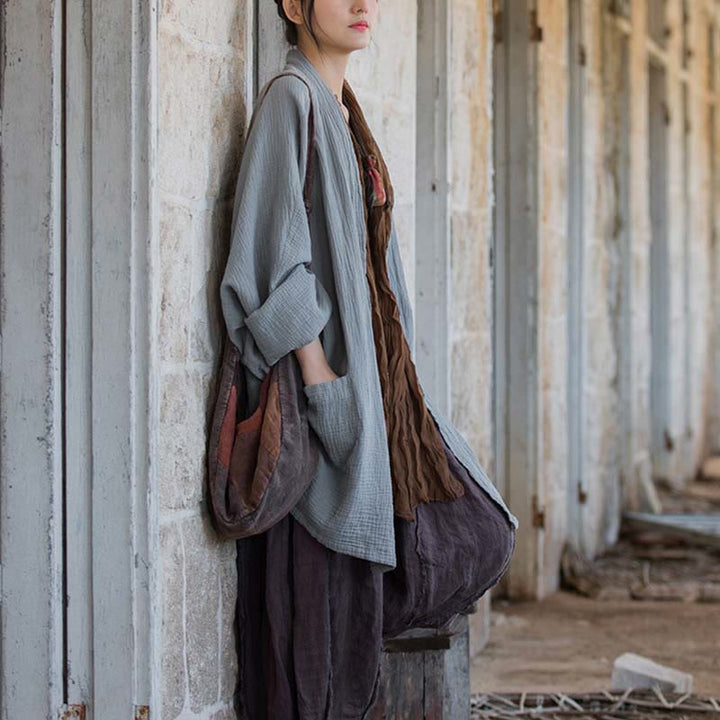Buddha Stones Plain Design Long Sleeve Coat Zen Meditation Open Front Top Cotton Jacket - image 24