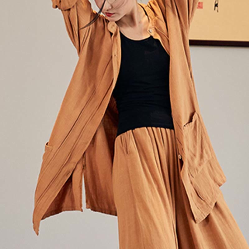 Buddha Stones Plain Long Sleeve Coat Jacket Top Wide Leg Pants Zen Tai Chi Yoga Meditation Clothing