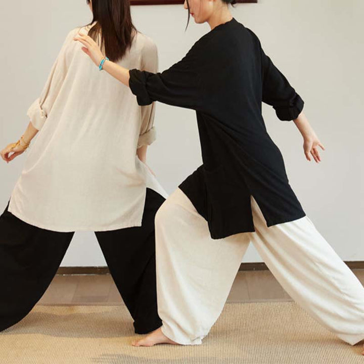 Buddha Stones Plain Long Sleeve Coat Jacket Top Wide Leg Pants Zen Tai Chi Yoga Meditation Clothing - image 13