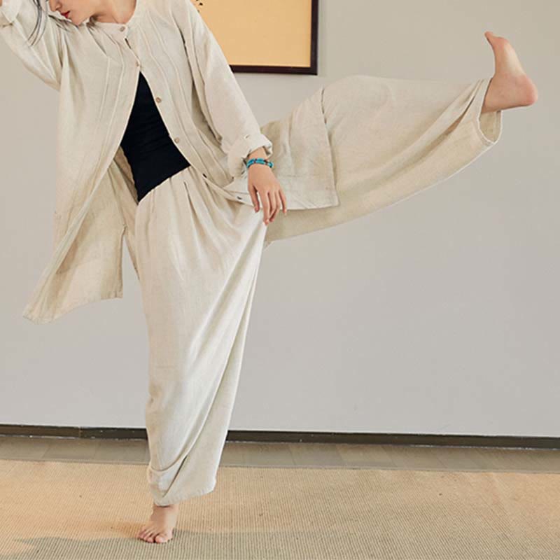 Buddha Stones Plain Long Sleeve Coat Jacket Top Wide Leg Pants Zen Tai Chi Yoga Meditation Clothing - image 5