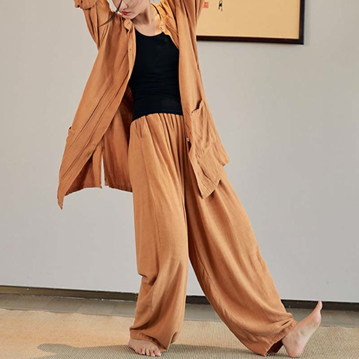 Buddha Stones Plain Long Sleeve Coat Jacket Top Wide Leg Pants Zen Tai Chi Yoga Meditation Clothing - image 25