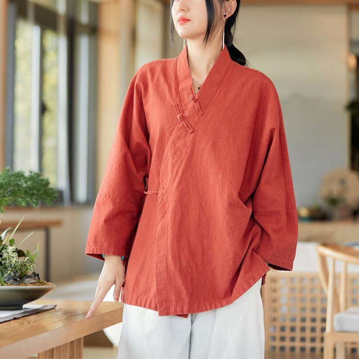 Buddha Stones Frog-Button Hanfu Design Long Sleeve Coat Zen Meditation Open Front Top Jacket - image 1