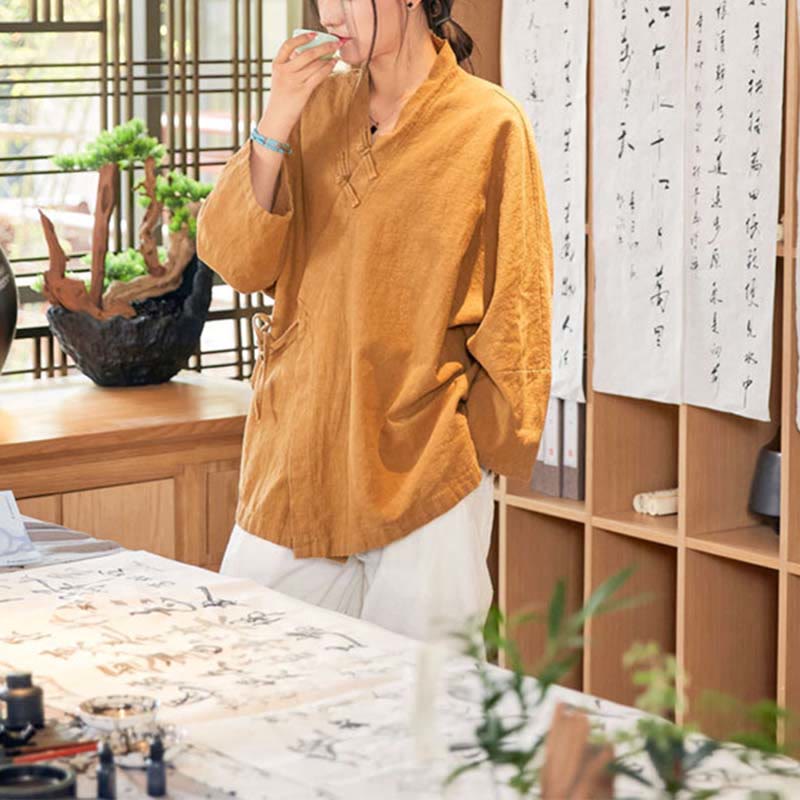 Buddha Stones Frog-Button Hanfu Design Long Sleeve Coat Zen Meditation Open Front Top Jacket - image 11