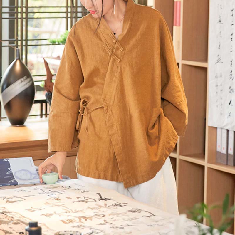 Buddha Stones Frog-Button Hanfu Design Long Sleeve Coat Zen Meditation Open Front Top Jacket - image 10