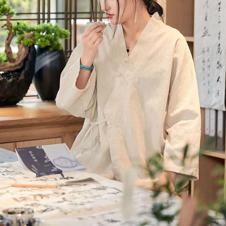 Buddha Stones Frog-Button Hanfu Design Long Sleeve Coat Zen Meditation Open Front Top Jacket - Beige，US0-8/10，UK/AU4-12/14，EU32-40/42 (F) - image 16