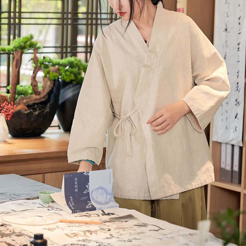 Buddha Stones Frog-Button Hanfu Design Long Sleeve Coat Zen Meditation Open Front Top Jacket - image 19