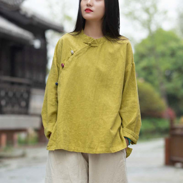 Buddha Stones Ramie Linen Blouse Women Shirt Top Chinese Hanfu Style Clothing - Yellow(Bust 120cm)(Top Only) - image 25