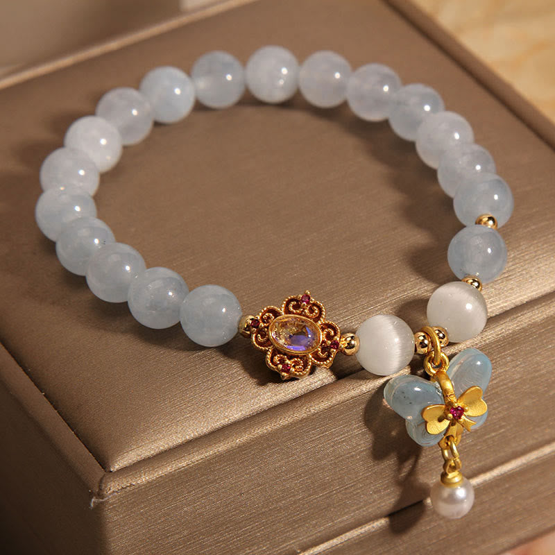 Buddha Stones Aquamarine Cat's Eye Healing Butterfly Pearl Charm Bracelet - image 1
