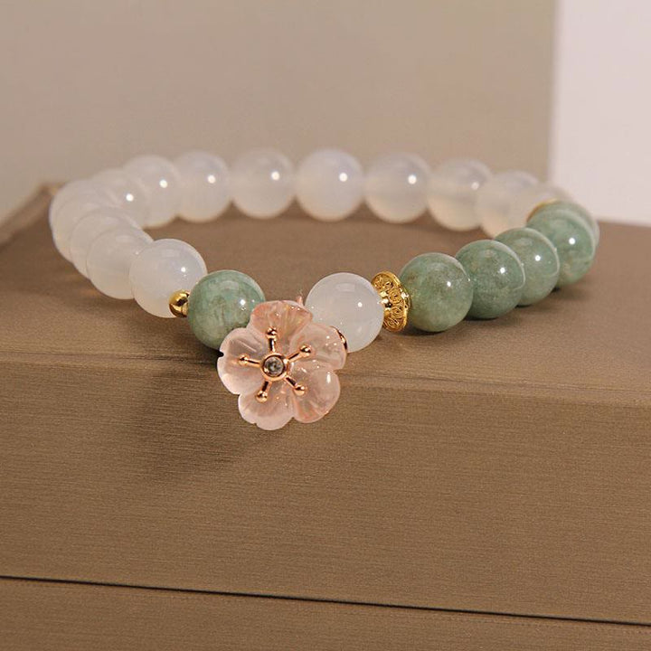 Buddha Stones White Agate Jade Flower Charm Luck Protection Bracelet - White Agate Jade(Wrist Circumference 14-16cm) - image 0