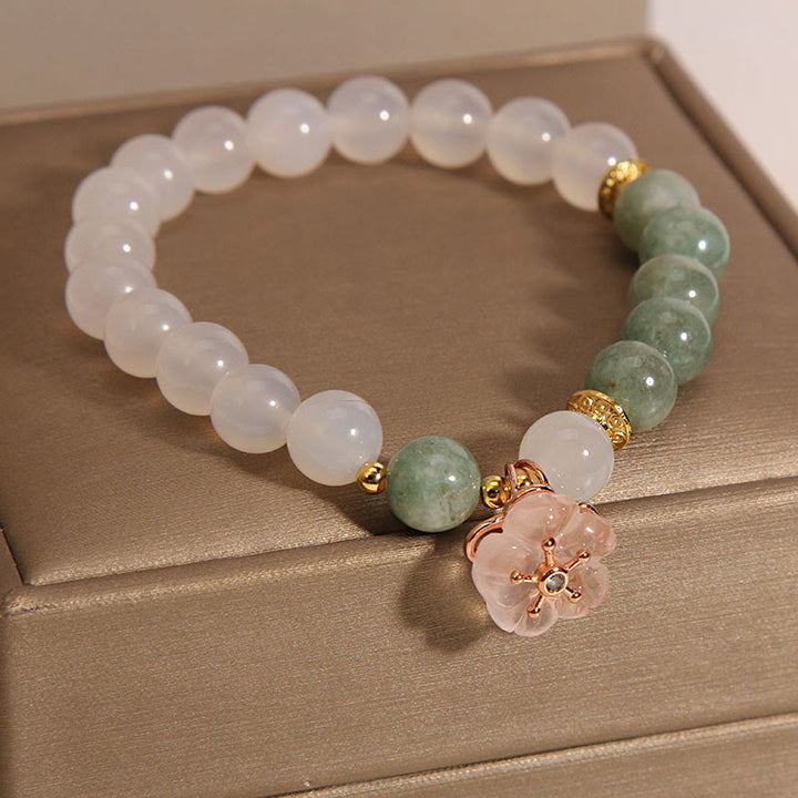 Buddha Stones White Agate Jade Flower Charm Luck Protection Bracelet - image 1