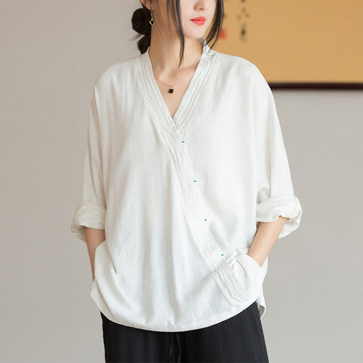 Buddha Stones V-Neck Blouse Women Shirt Long Sleeve Top Chinese Hanfu Style Clothing - White(Bust 128cm)(Top Only) - image 0