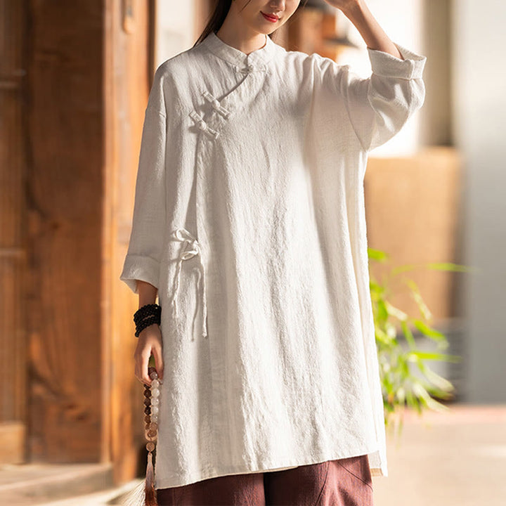 Buddha Stones Vintage Cotton Linen Blouse Women Long Sleeve Shirt Chinese Hanfu Top - Beige(Bust 130cm)(Top Only) - image 0