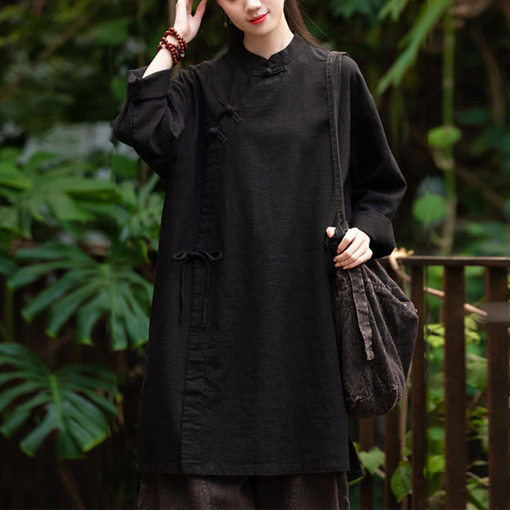 Buddha Stones Vintage Cotton Linen Blouse Women Long Sleeve Shirt Chinese Hanfu Top - Black(Bust 130cm)(Top Only) - image 15