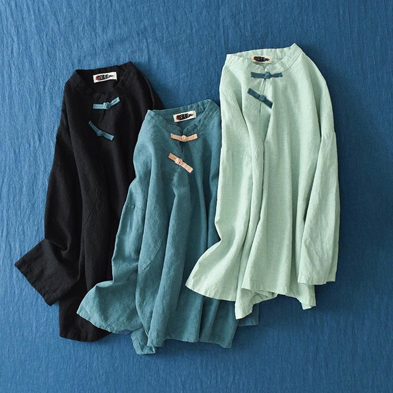 Buddha Stones Ramie Linen Loose Blouse Women Long Sleeve Shirt Chinese Hanfu Top - image 27