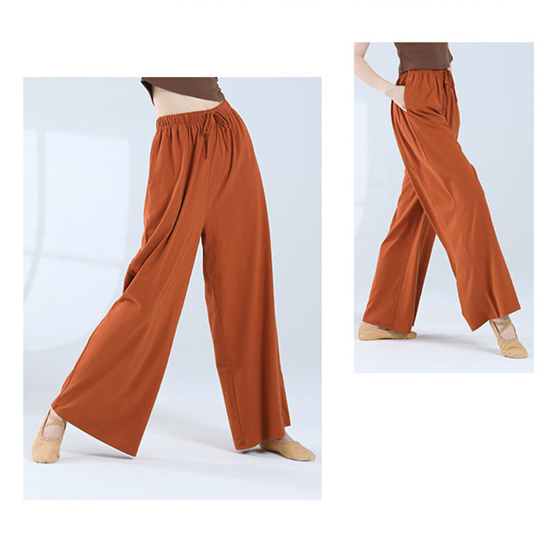 Buddha Stones Loose Cotton Drawstring Wide Leg Pants For Yoga Dance With Pockets