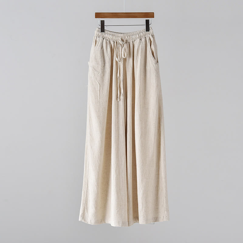 Buddha Stones Loose Cotton Linen Drawstring Wide Leg Pants With Pockets