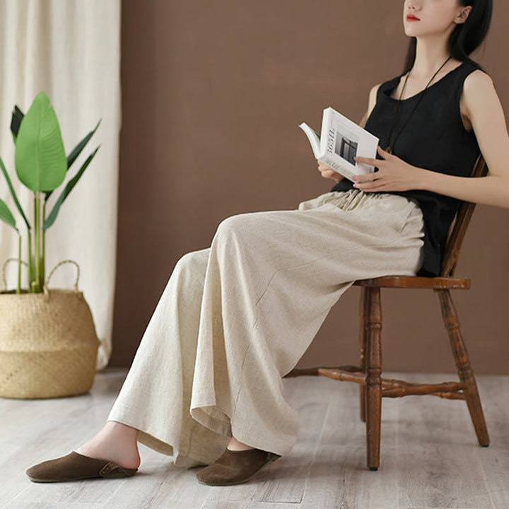 Buddha Stones Loose Cotton Linen Drawstring Wide Leg Pants With Pockets