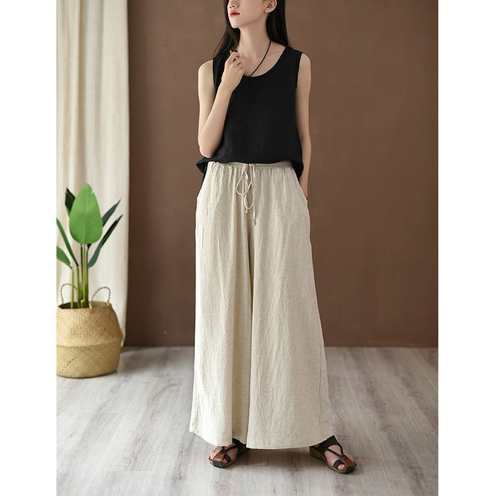 Buddha Stones Loose Cotton Linen Drawstring Wide Leg Pants With Pockets