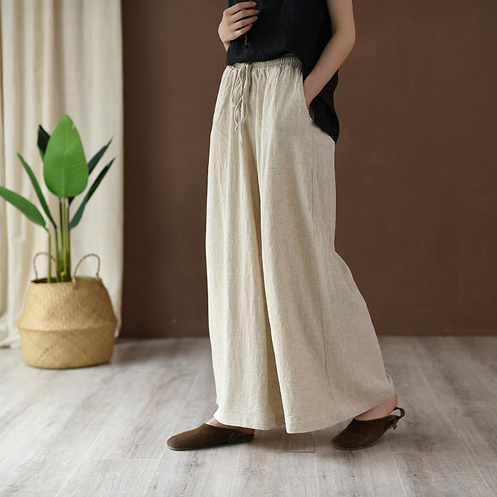 Buddha Stones Loose Cotton Linen Drawstring Wide Leg Pants With Pockets