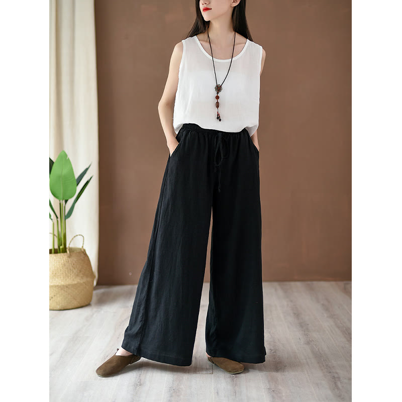 Buddha Stones Loose Cotton Linen Drawstring Wide Leg Pants With Pockets - image 13