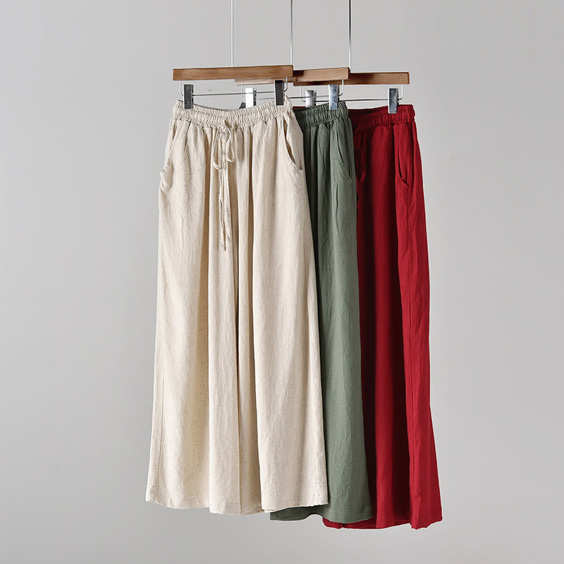 Buddha Stones Loose Cotton Linen Drawstring Wide Leg Pants With Pockets