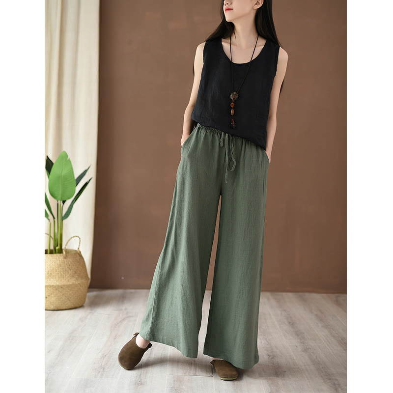Buddha Stones Loose Cotton Linen Drawstring Wide Leg Pants With Pockets - image 20