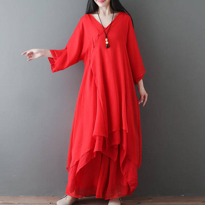 Buddha Stones V-Neck Midi Tunic Dress Wide Leg Pants Meditation Zen Practice Dance Clothing - image 9