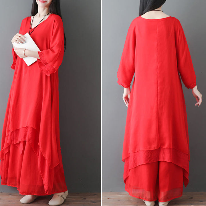 Buddha Stones V-Neck Midi Tunic Dress Wide Leg Pants Meditation Zen Practice Dance Clothing - image 13