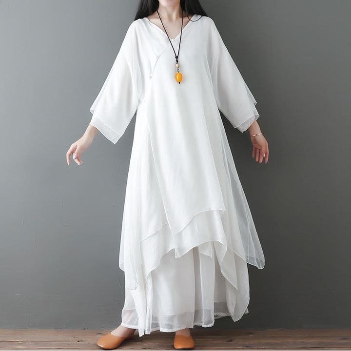 Buddha Stones V-Neck Midi Tunic Dress Wide Leg Pants Meditation Zen Practice Dance Clothing - 2Pcs White(Dress&Pants) - US12，UK/AU16，EU44 (2XL) - image 0
