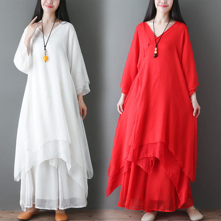 Buddha Stones V-Neck Midi Tunic Dress Wide Leg Pants Meditation Zen Practice Dance Clothing - image 21