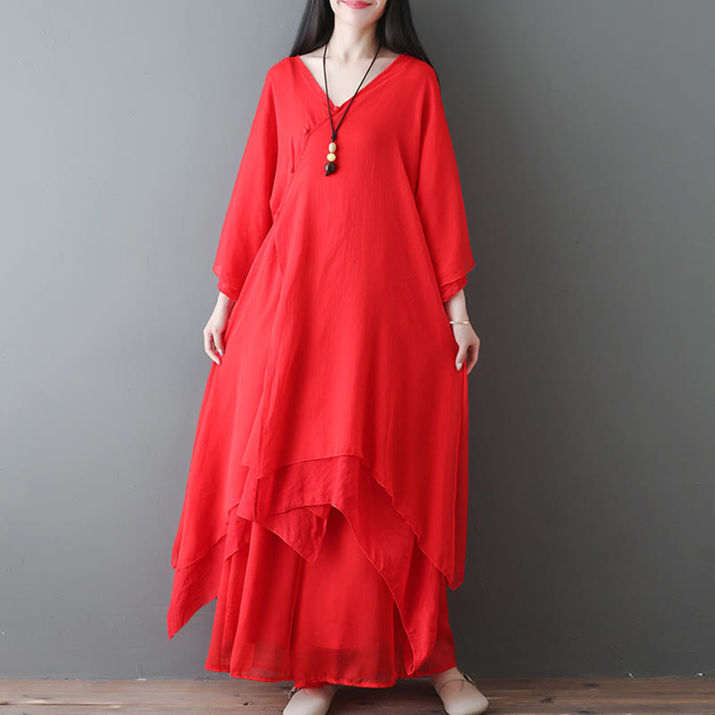 Buddha Stones V-Neck Midi Tunic Dress Wide Leg Pants Meditation Zen Practice Dance Clothing - image 11