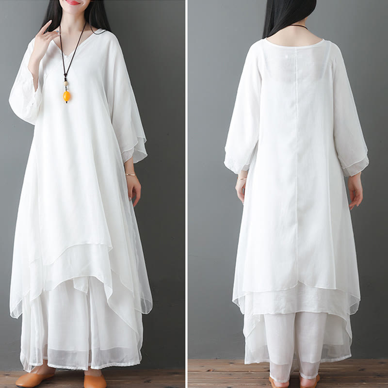 Buddha Stones V-Neck Midi Tunic Dress Wide Leg Pants Meditation Zen Practice Dance Clothing - image 5