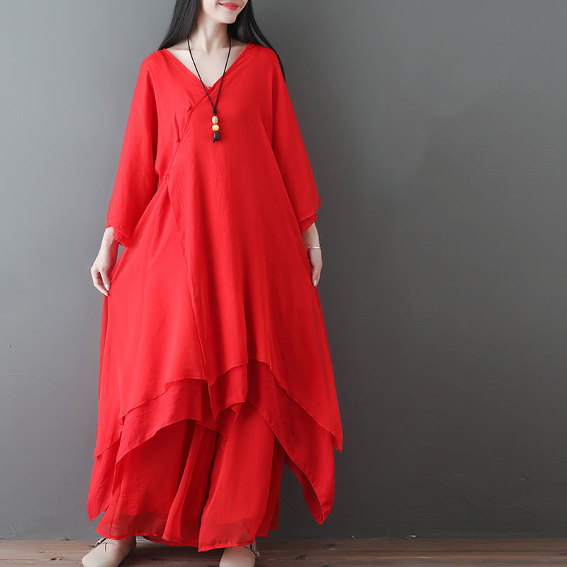 Buddha Stones V-Neck Midi Tunic Dress Wide Leg Pants Meditation Zen Practice Dance Clothing - image 12