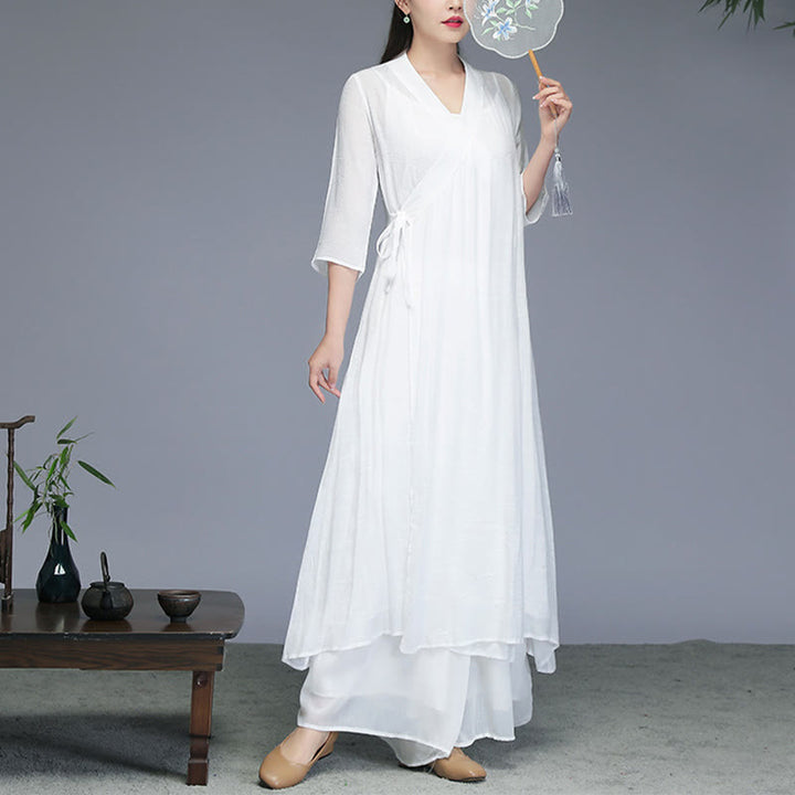 Buddha Stones Hanfu Style Midi Dress Wide Leg Pants Meditation Zen Practice Yoga Dance Clothing - Midi Dress(Dress Only) - US8-10，UK/AU12-14，EU40-42 (2XL) - image 0