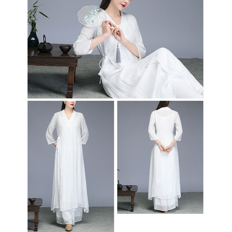 Buddha Stones Hanfu Style Midi Dress Wide Leg Pants Meditation Zen Practice Yoga Dance Clothing