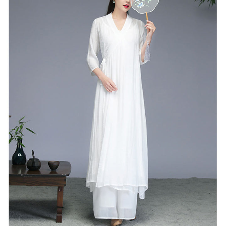 Buddha Stones Hanfu Style Midi Dress Wide Leg Pants Meditation Zen Practice Yoga Dance Clothing