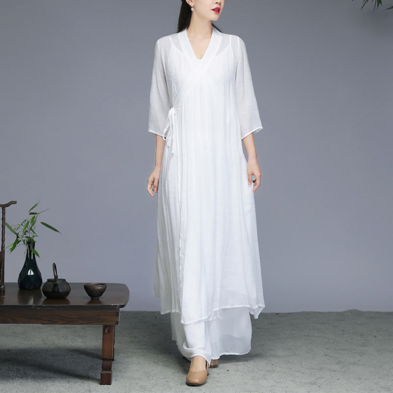 Buddha Stones Hanfu Style Midi Dress Wide Leg Pants Meditation Zen Practice Yoga Dance Clothing