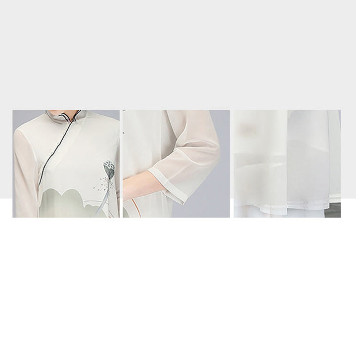 Buddha Stones Lotus Flower Pod Chiffon Cheongsam Midi Dress Meditation Zen Practice Clothing - image 7