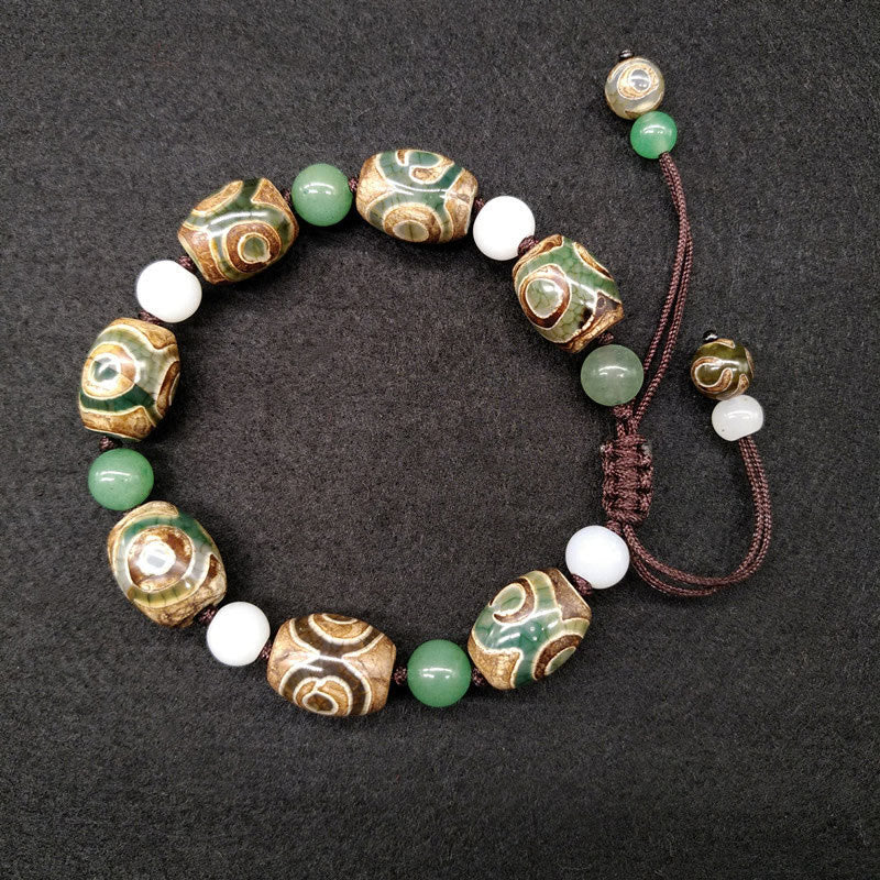 Buddha Stones Tibetan Three-eyed Dzi Bead Luck Protection Braided Bracelet - Three-eyed Dzi Bead(Wrist Circumference 14-17cm) - image 0