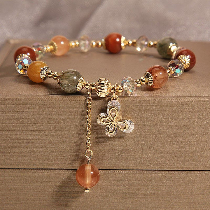Buddha Stones Natural Fu Lu Shou Rainbow Crystal Rutilated Quartz Wealth Butterfly Charm Bracelet - Fu Lu Shou Crystal(Wrist Circumference 14-16cm) - image 0