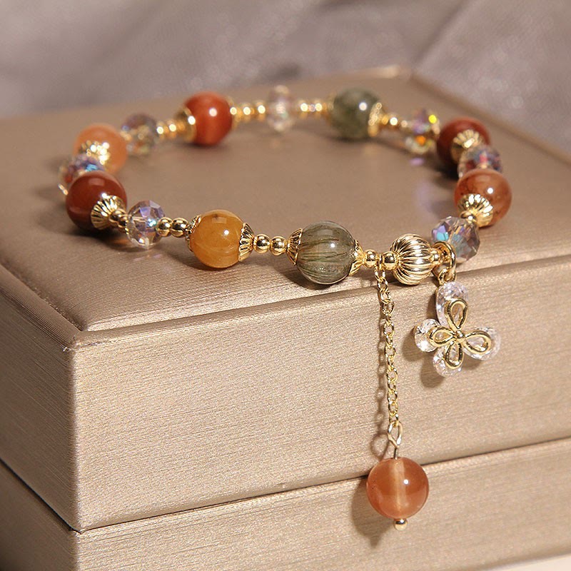 Buddha Stones Natural Fu Lu Shou Rainbow Crystal Rutilated Quartz Wealth Butterfly Charm Bracelet - image 1