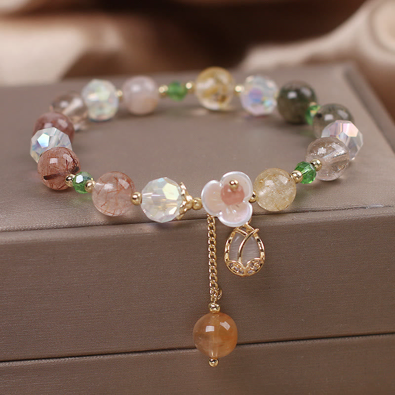 Buddha Stones Strawberry Quartz Rutilated Quartz Fluorite Flower Healing Bracelet - image 16