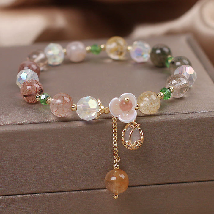 Buddha Stones Strawberry Quartz Rutilated Quartz Fluorite Flower Healing Bracelet - image 16