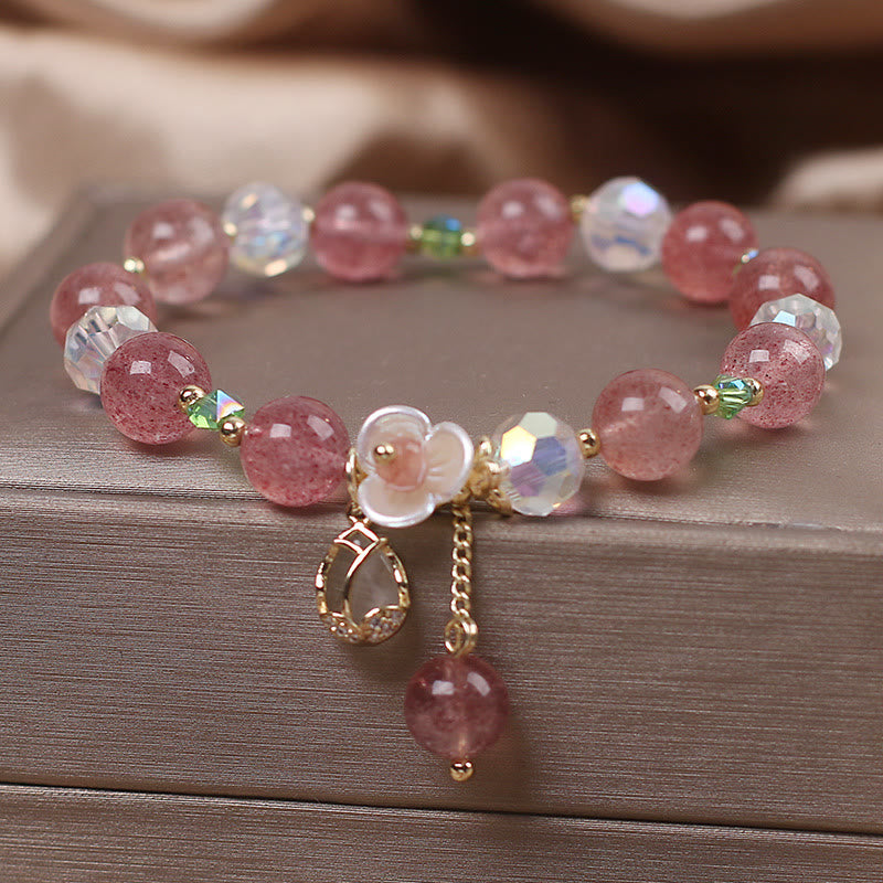 Buddha Stones Strawberry Quartz Rutilated Quartz Fluorite Flower Healing Bracelet - image 1