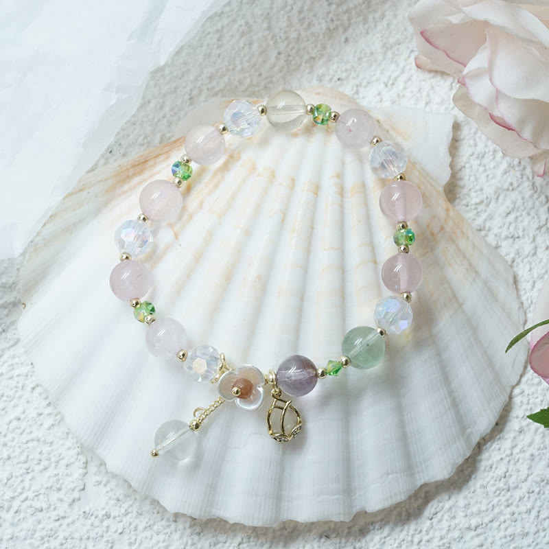 Buddha Stones Strawberry Quartz Rutilated Quartz Fluorite Flower Healing Bracelet - image 26