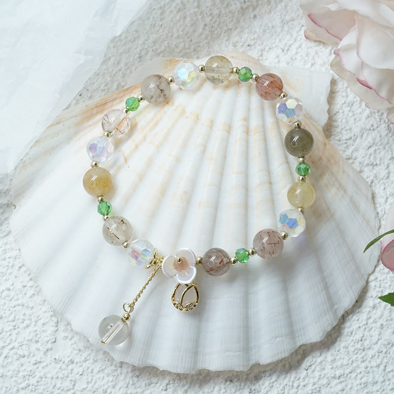 Buddha Stones Strawberry Quartz Rutilated Quartz Fluorite Flower Healing Bracelet - image 20