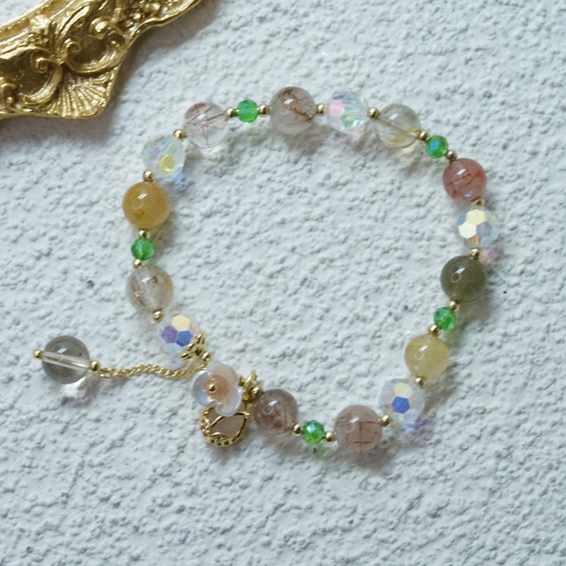 Buddha Stones Strawberry Quartz Rutilated Quartz Fluorite Flower Healing Bracelet - image 18