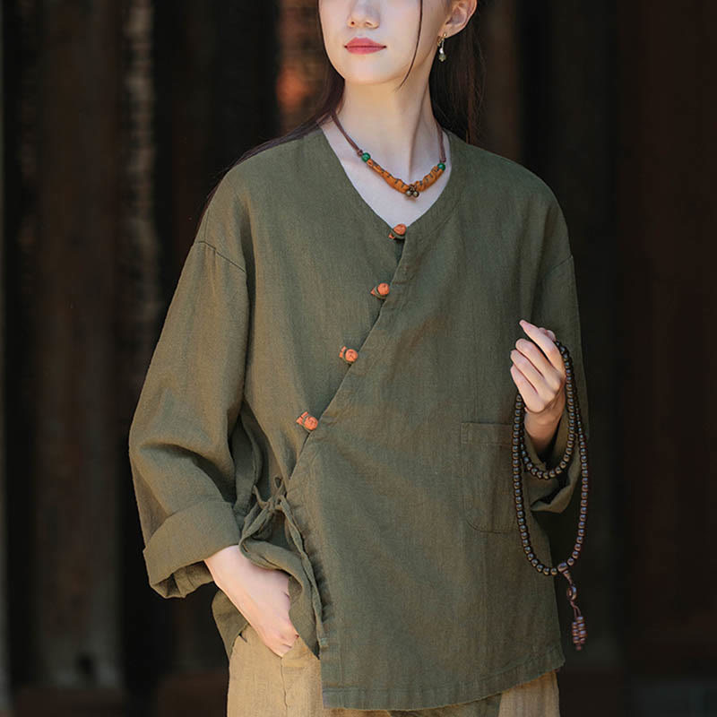 Buddha Stones Solid Color Ramie Linen Loose Blouse Long Sleeve Shirt Chinese Hanfu Top - Green(Bust 116cm)(Top Only) - image 9