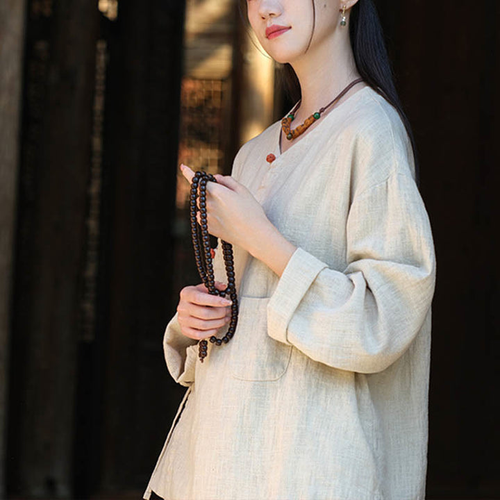Buddha Stones Solid Color Ramie Linen Loose Blouse Long Sleeve Shirt Chinese Hanfu Top - image 3