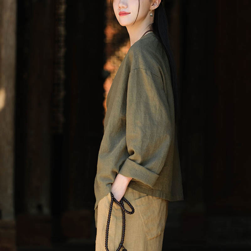 Buddha Stones Solid Color Ramie Linen Loose Blouse Long Sleeve Shirt Chinese Hanfu Top - image 13